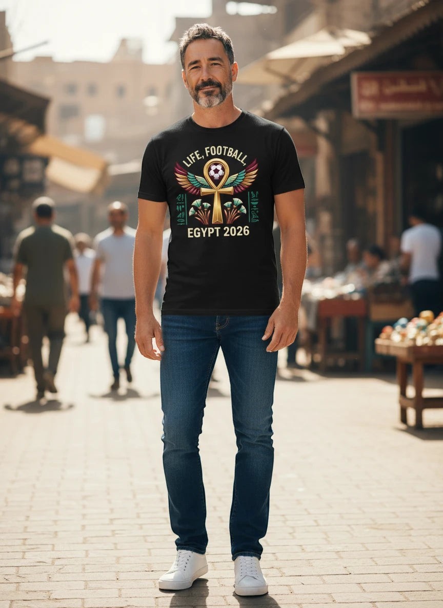 Coptic Mary Shop black cotton t-shirt with Egypt 2026 World Cup graphic featuring an ankh, hieroglyphs, and a football.