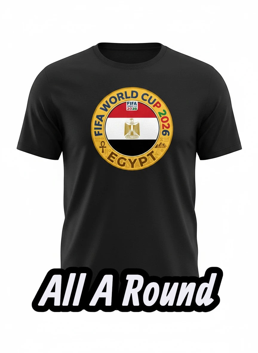 Coptic Mary Shop black cotton t-shirt with FIFA World Cup 2026 Egypt graphic crest