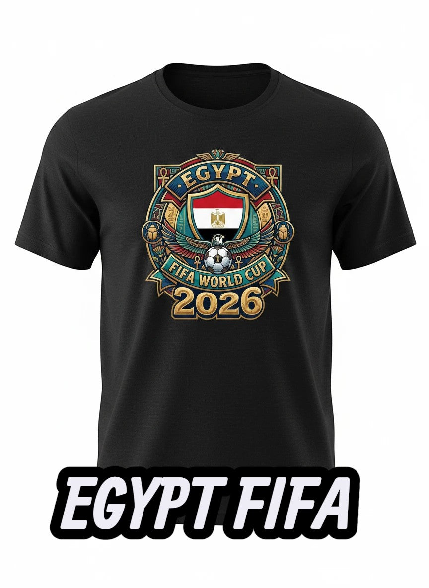 Coptic Mary Shop black cotton t-shirt with Egypt FIFA World Cup 2026 graphic featuring Egyptian flag and eagle.