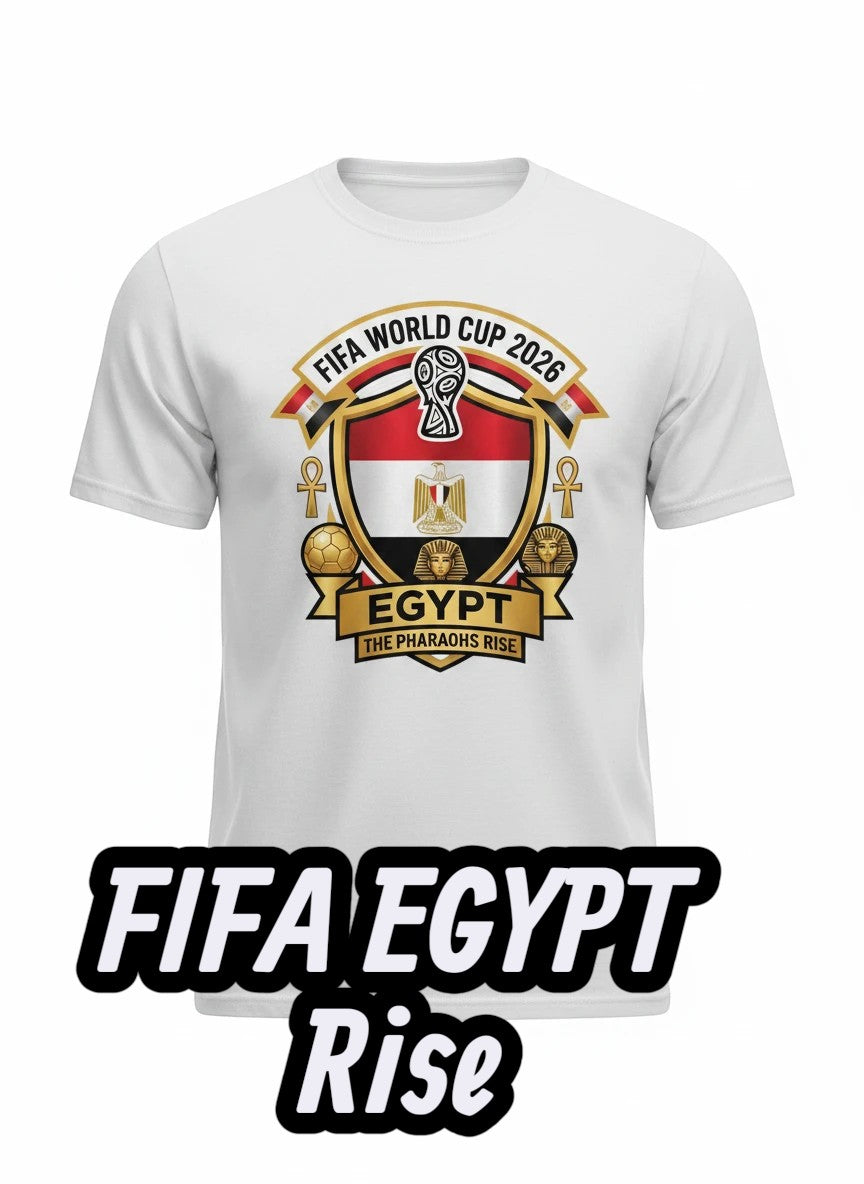 White cotton t-shirt with Egypt FIFA World Cup 2026 graphic featuring the Egyptian flag, pharaohs, and soccer.