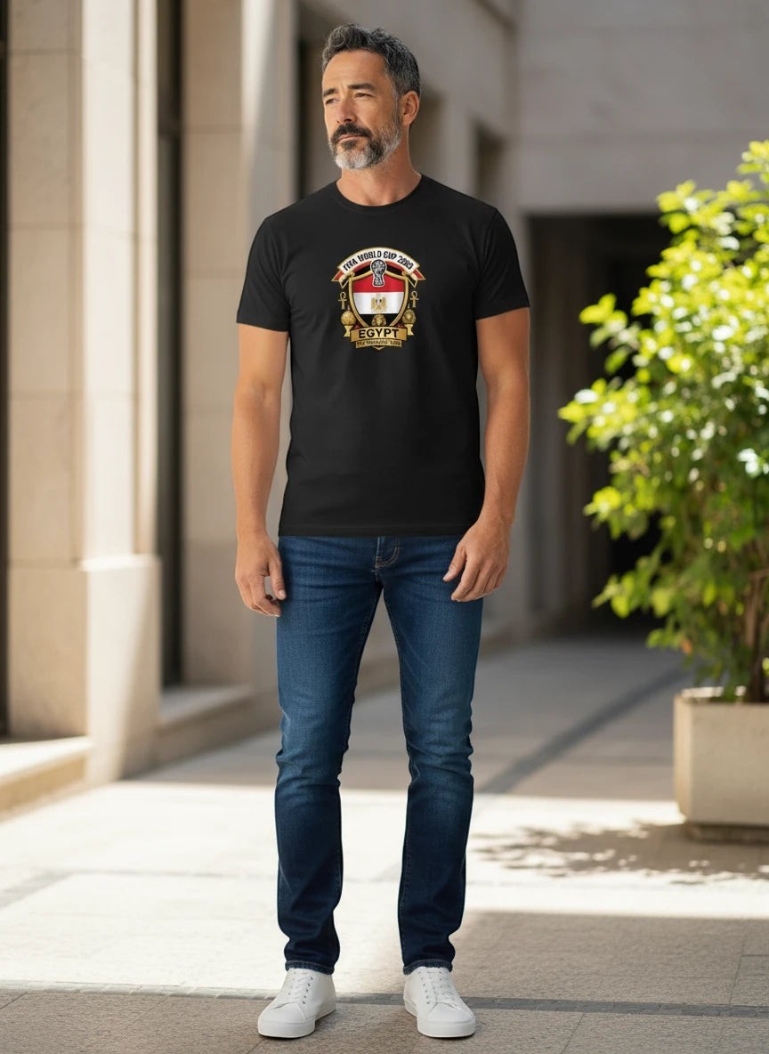 Coptic Mary Shop black cotton t-shirt with Egypt FIFA World Cup 2022 graphic crest and text.