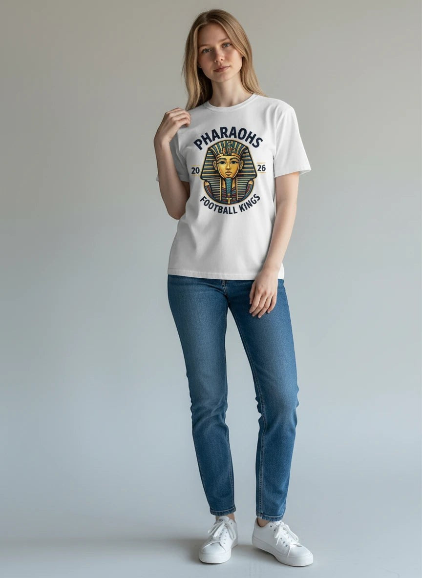 Coptic Mary Shop white cotton t-shirt with Pharaoh graphic and 2026 World Cup text.