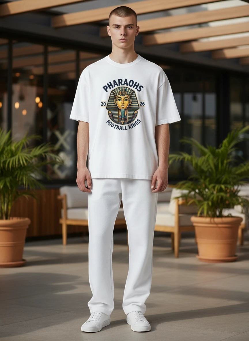 Coptic Mary Shop white cotton t-shirt with Pharaohs Football Kings graphic for the 2026 World Cup.