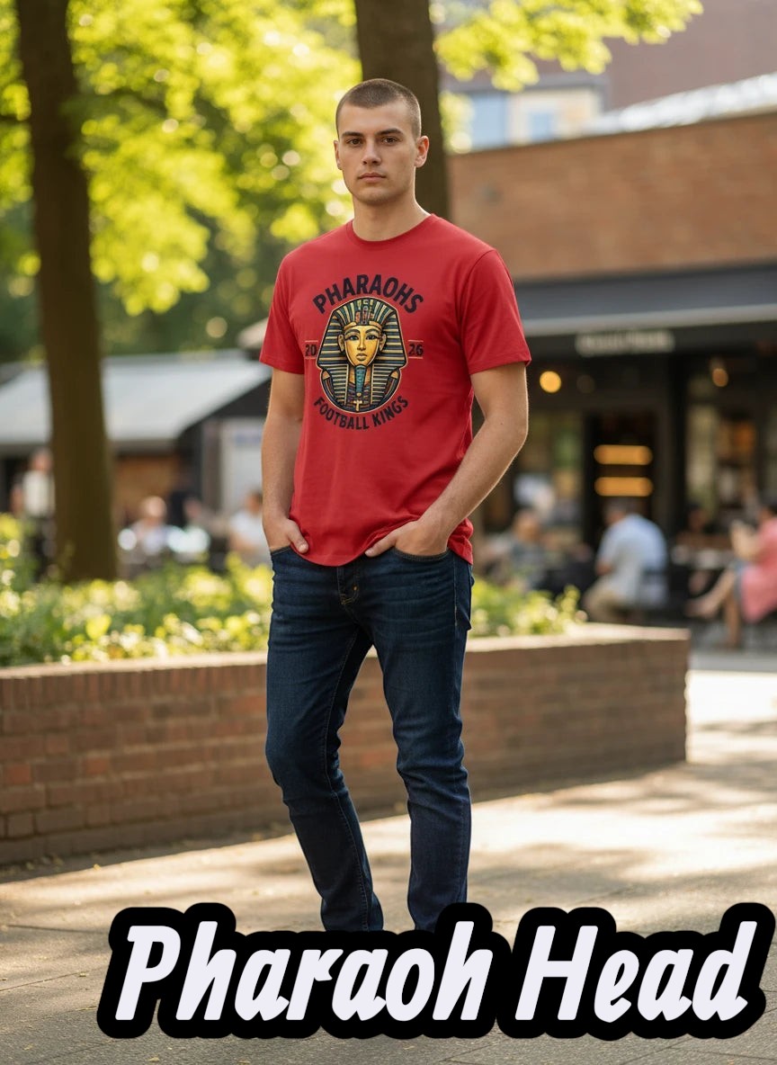 Coptic Mary Shop red cotton t-shirt with Pharaohs Football Kings graphic for the 2026 World Cup.