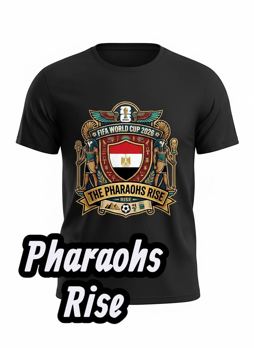 Coptic Mary Shop black cotton t-shirt with Egypt FIFA World Cup 2026 graphic featuring the Pharaohs Rise crest and Egyptian flag.