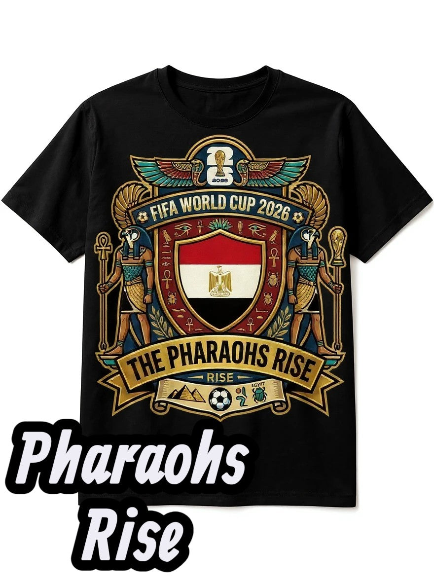 Black cotton t-shirt with a FIFA World Cup 2026 graphic featuring the Egyptian flag, ancient Egyptian figures, and the text "The Pharaohs Rise".