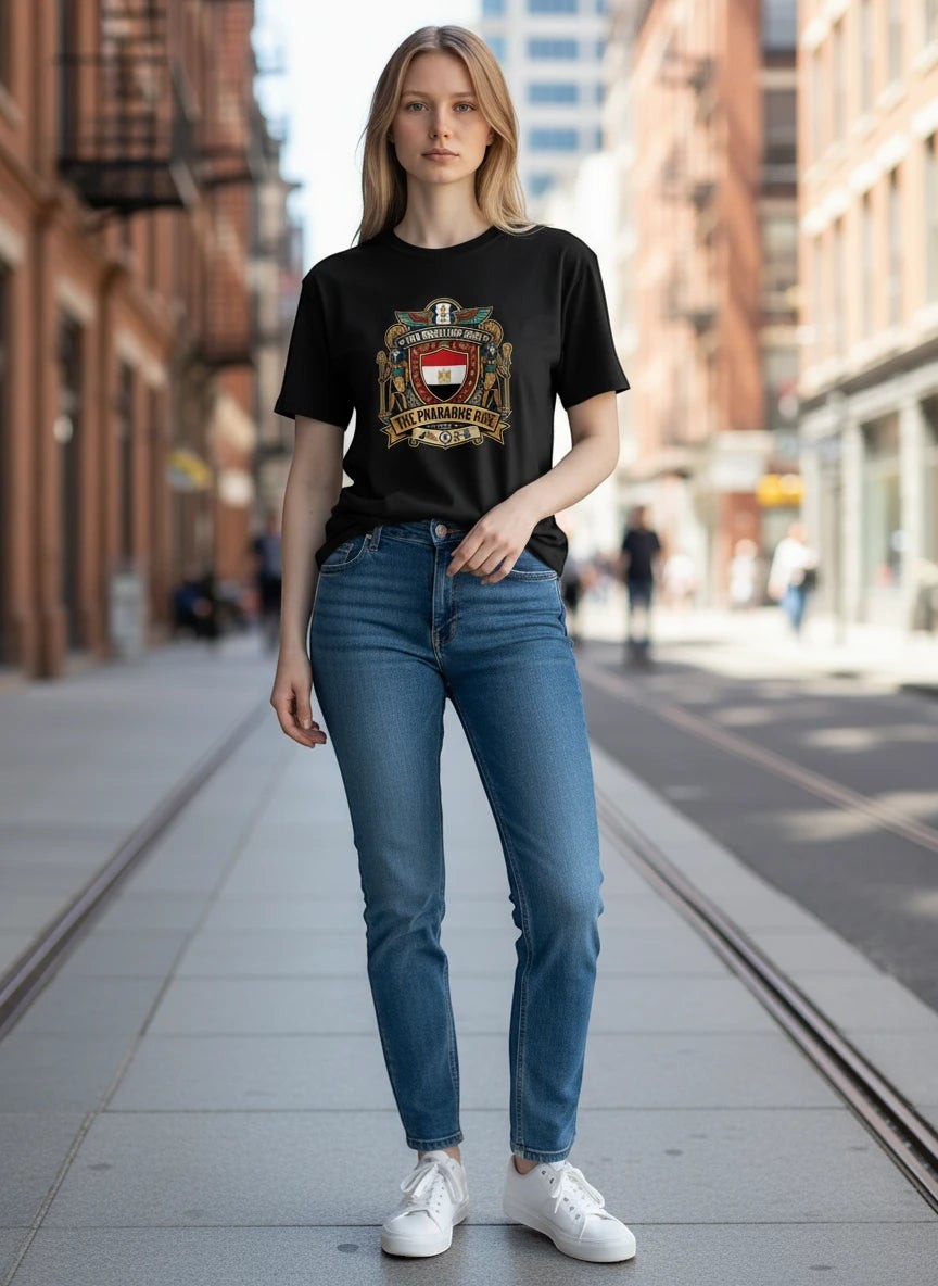 Coptic Mary Shop black cotton t-shirt with Egypt national football team crest graphic