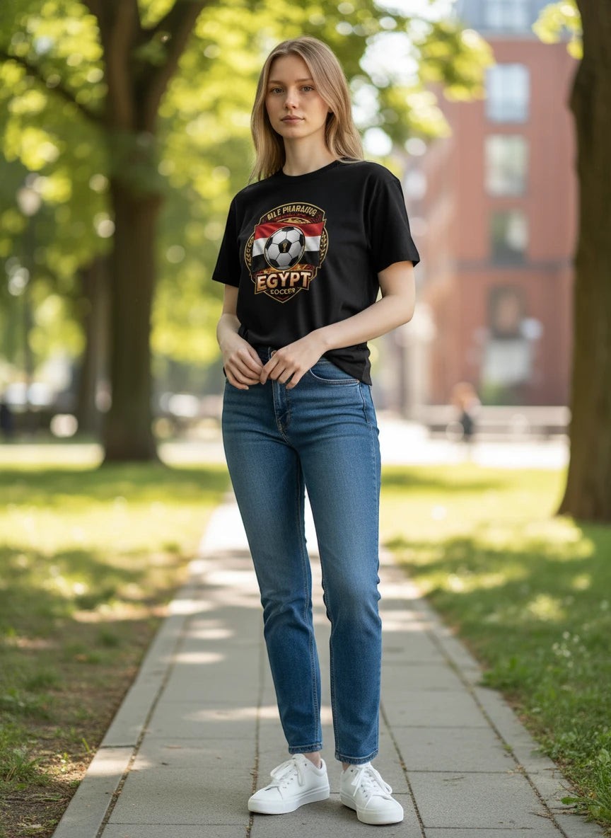 Coptic Mary Shop black cotton t-shirt with Egypt Soccer Pharaohs Rise graphic and Egyptian flag detail.