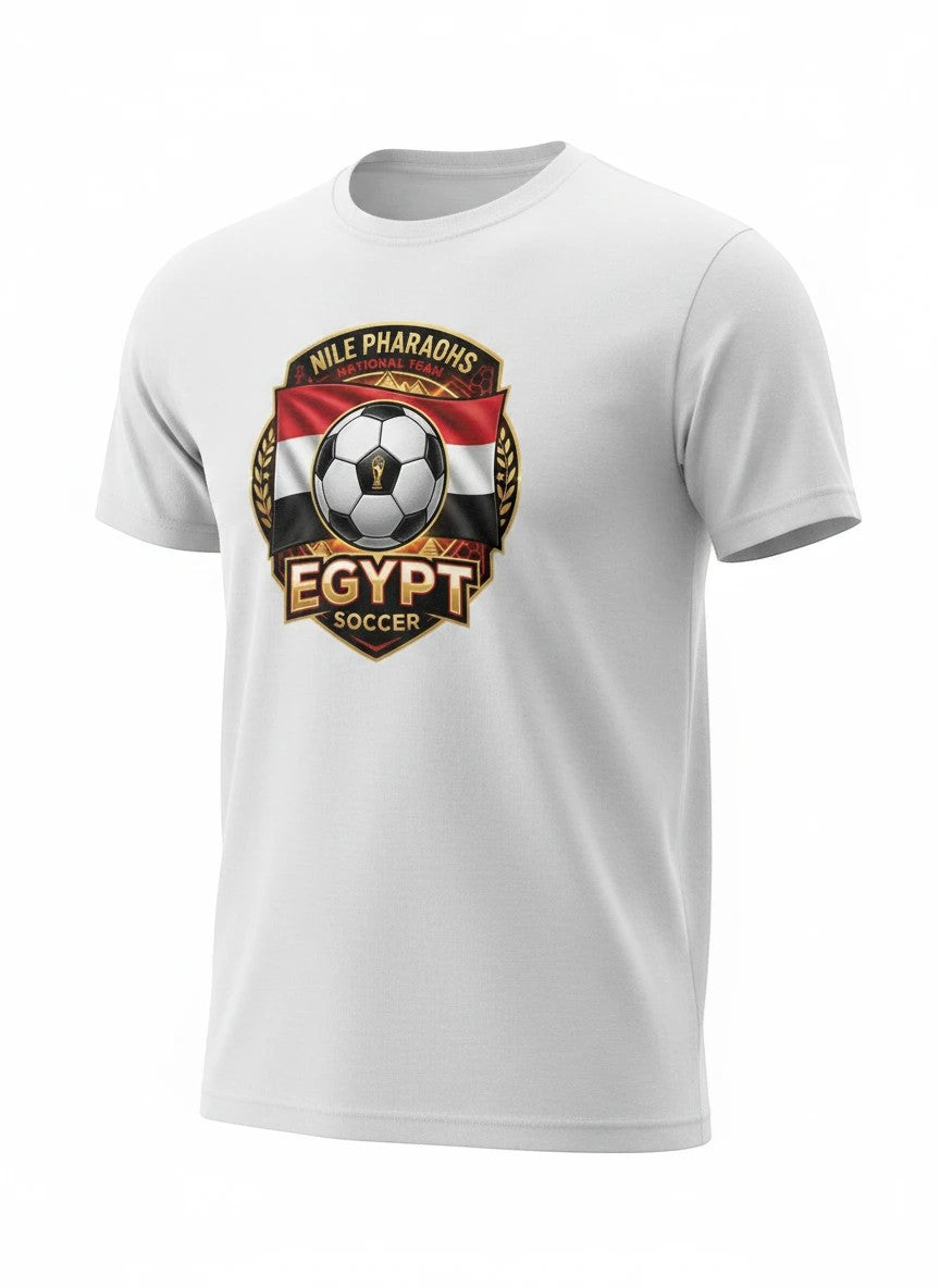 Coptic Mary Shop white cotton t-shirt with Egypt Soccer Pharaohs graphic and national flag.