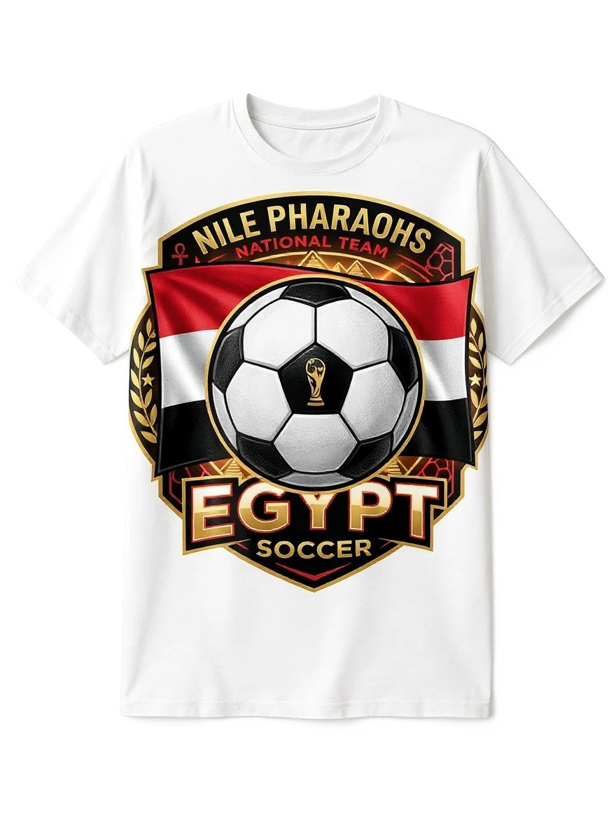 White cotton t-shirt with Egypt Soccer Pharaohs National Team graphic featuring a soccer ball and Egyptian flag.