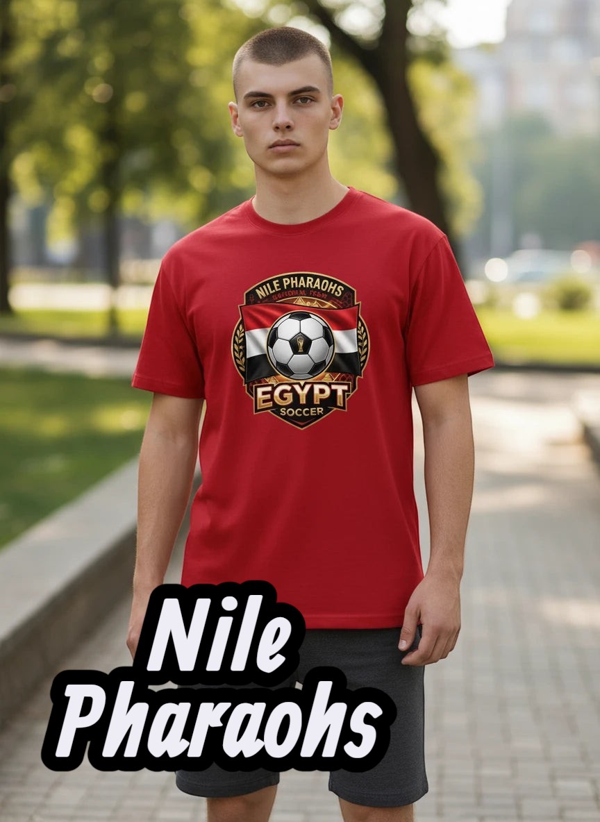Coptic Mary Shop red cotton t-shirt with Egypt soccer graphic and Pharaohs crest