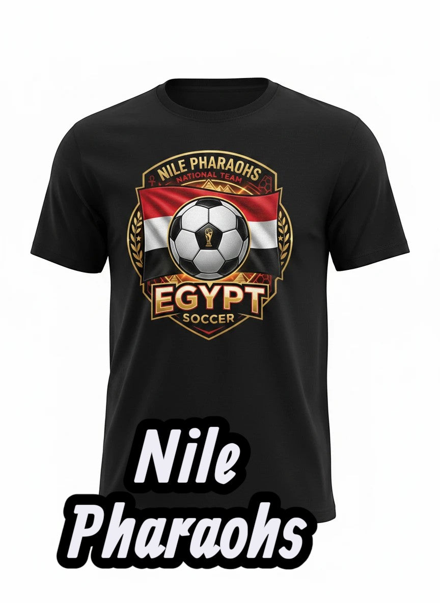 Coptic Mary Shop black cotton t-shirt with Egypt national soccer team graphic and flag.