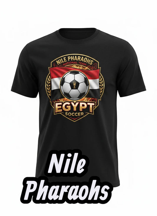 Coptic Mary Shop black cotton t-shirt with Egypt national soccer team graphic and flag.