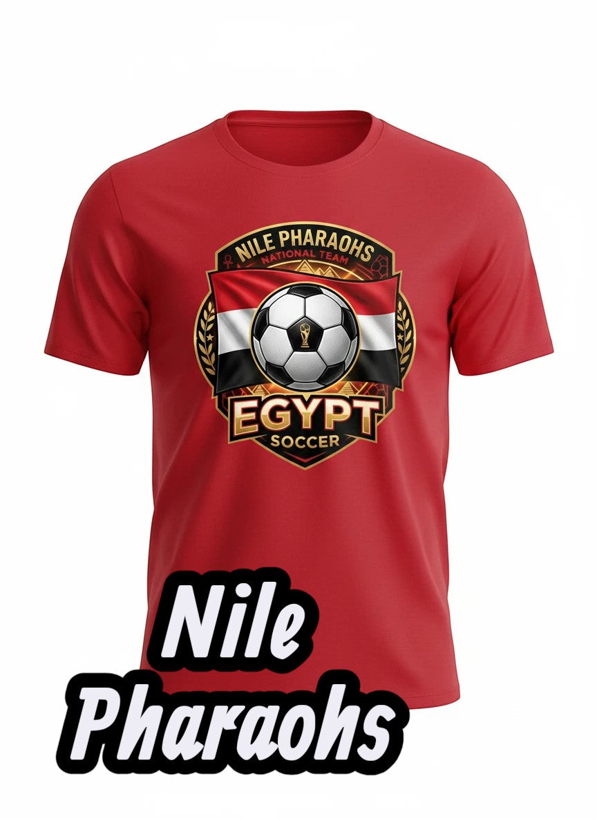 Coptic Mary Shop red cotton t-shirt with Egypt national soccer team graphic and crest.