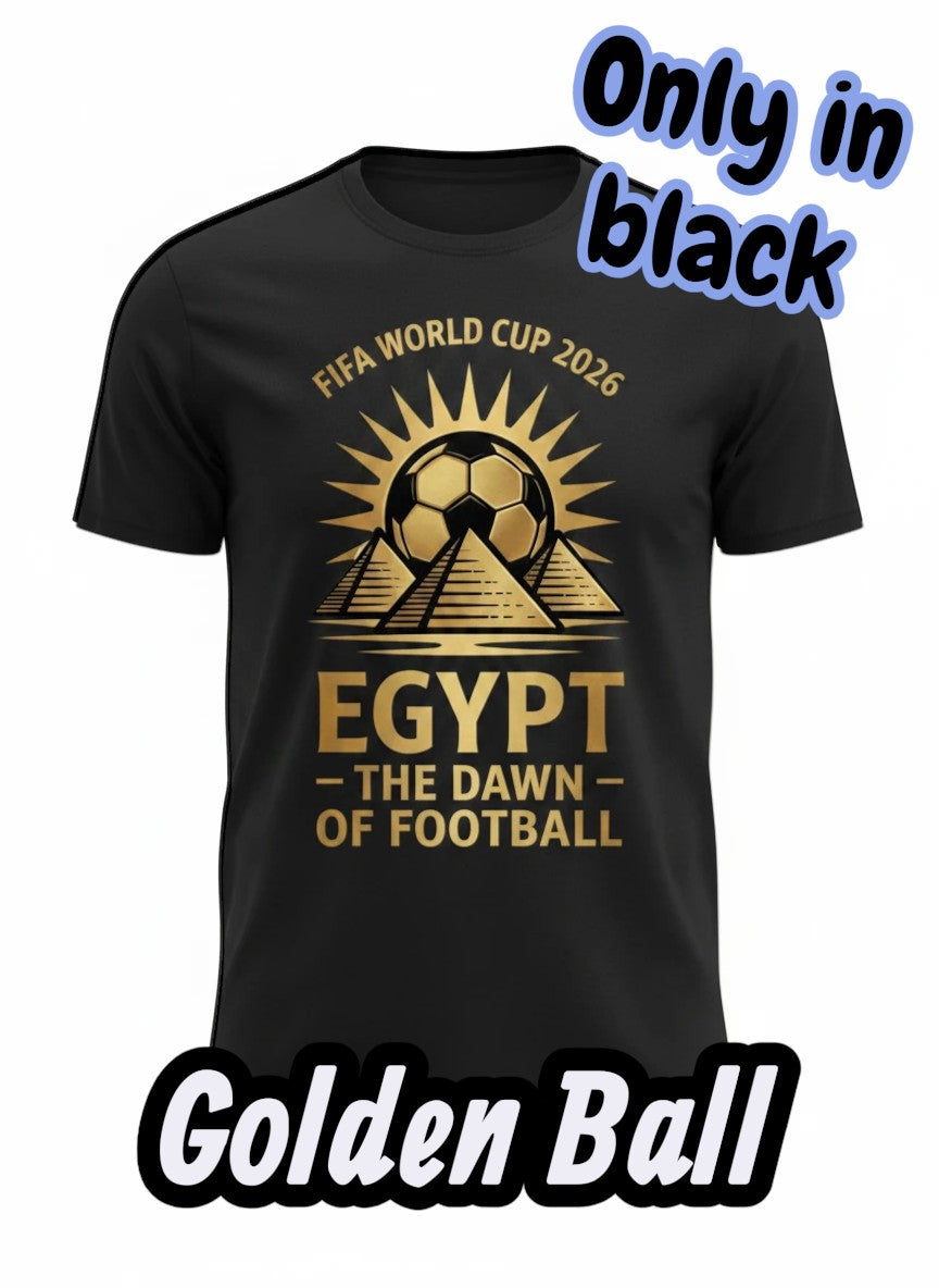 Coptic Mary Shop black cotton t-shirt with gold FIFA World Cup 2026 Egypt graphic featuring pyramids and a soccer ball.
