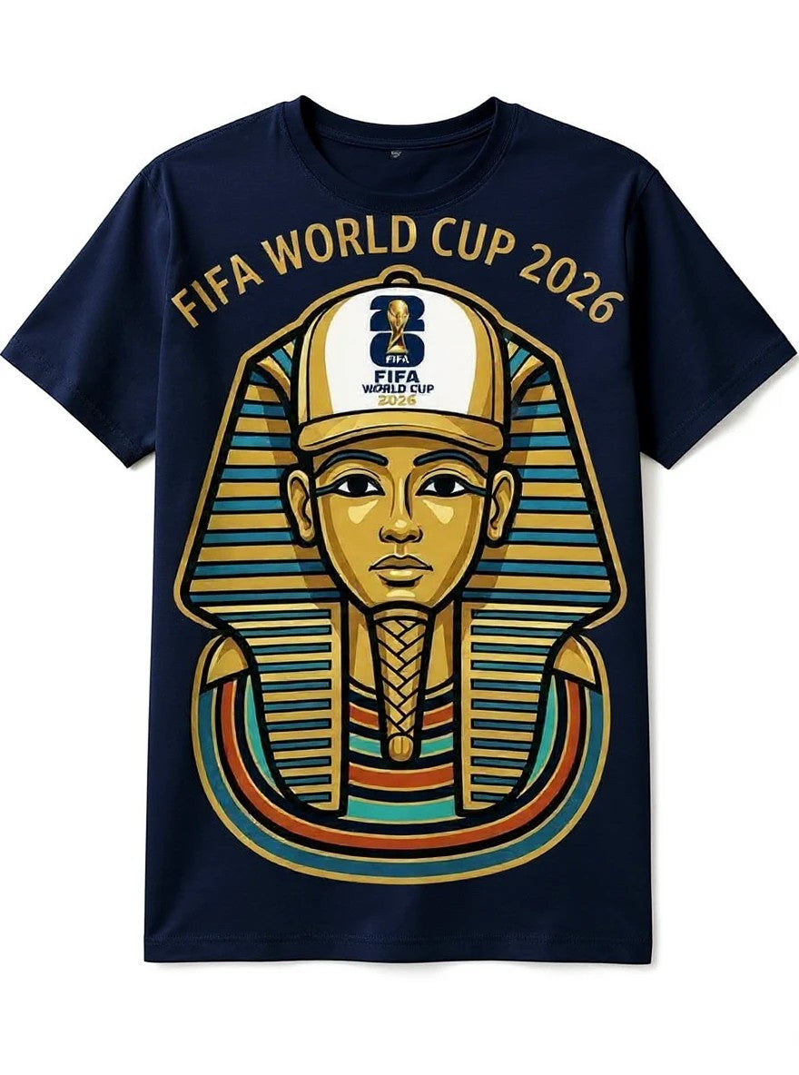 Coptic Mary Shop navy blue cotton t-shirt with FIFA World Cup 2026 graphic featuring a pharaoh's mask and Egyptian motifs.