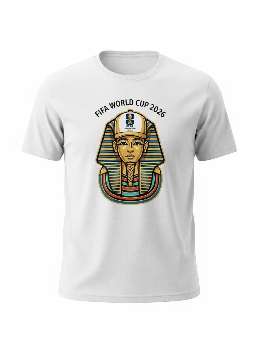 Coptic Mary Shop white cotton t-shirt with FIFA World Cup 2026 graphic featuring a pharaoh's mask wearing a football cap.