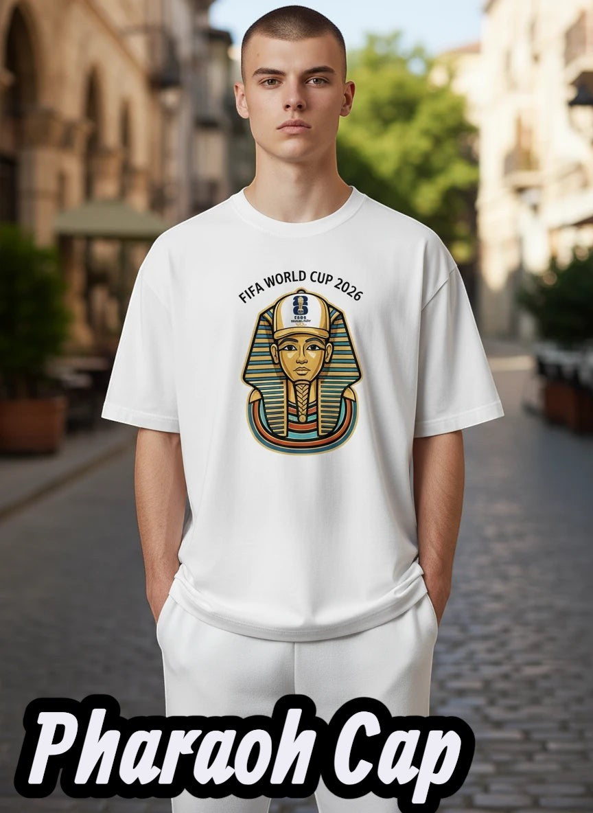 Coptic Mary Shop white cotton t-shirt with FIFA World Cup 2026 graphic featuring a pharaoh's mask.