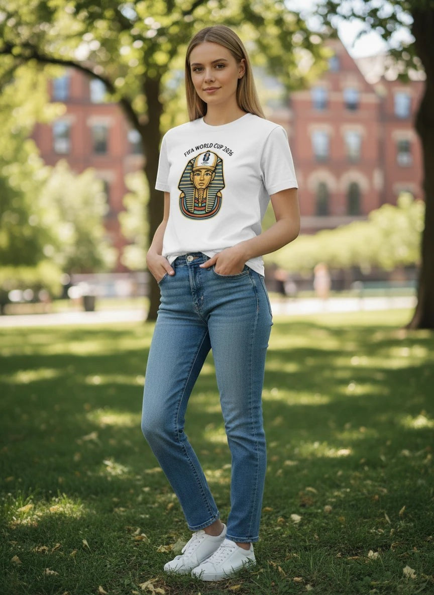 Coptic Mary Shop white cotton t-shirt with FIFA World Cup 2026 graphic featuring a pharaoh's mask.