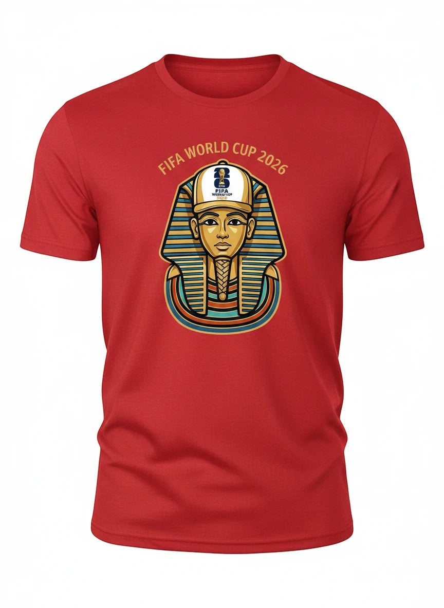 Coptic Mary Shop red cotton t-shirt with FIFA World Cup 2026 graphic featuring a pharaoh wearing a football cap.
