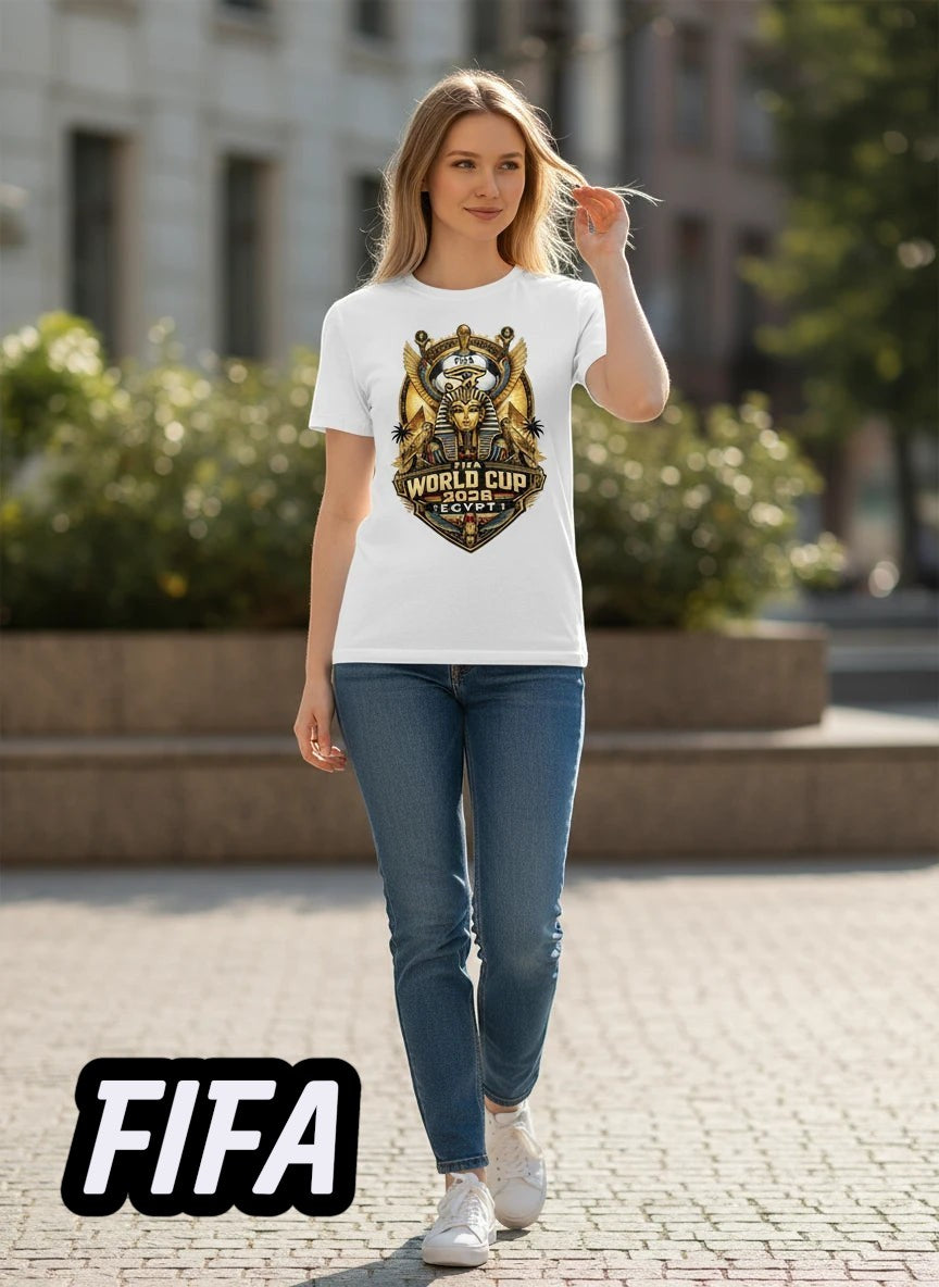 Coptic Mary Shop white cotton t-shirt with Egypt 2026 World Cup graphic featuring pharaoh and Egyptian symbols.