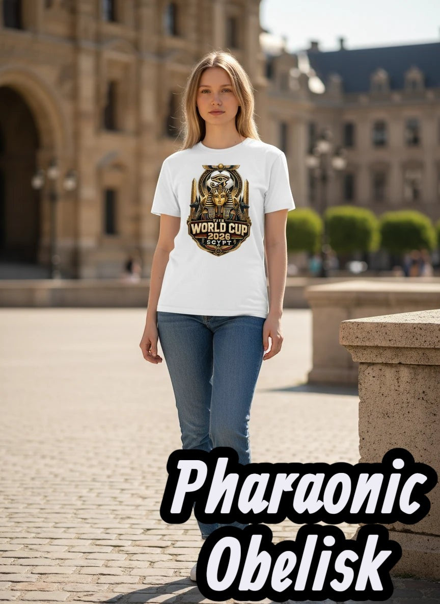 Coptic Mary Shop white cotton t-shirt with Egypt 2026 World Cup graphic featuring Egyptian symbols and a pharaoh.
