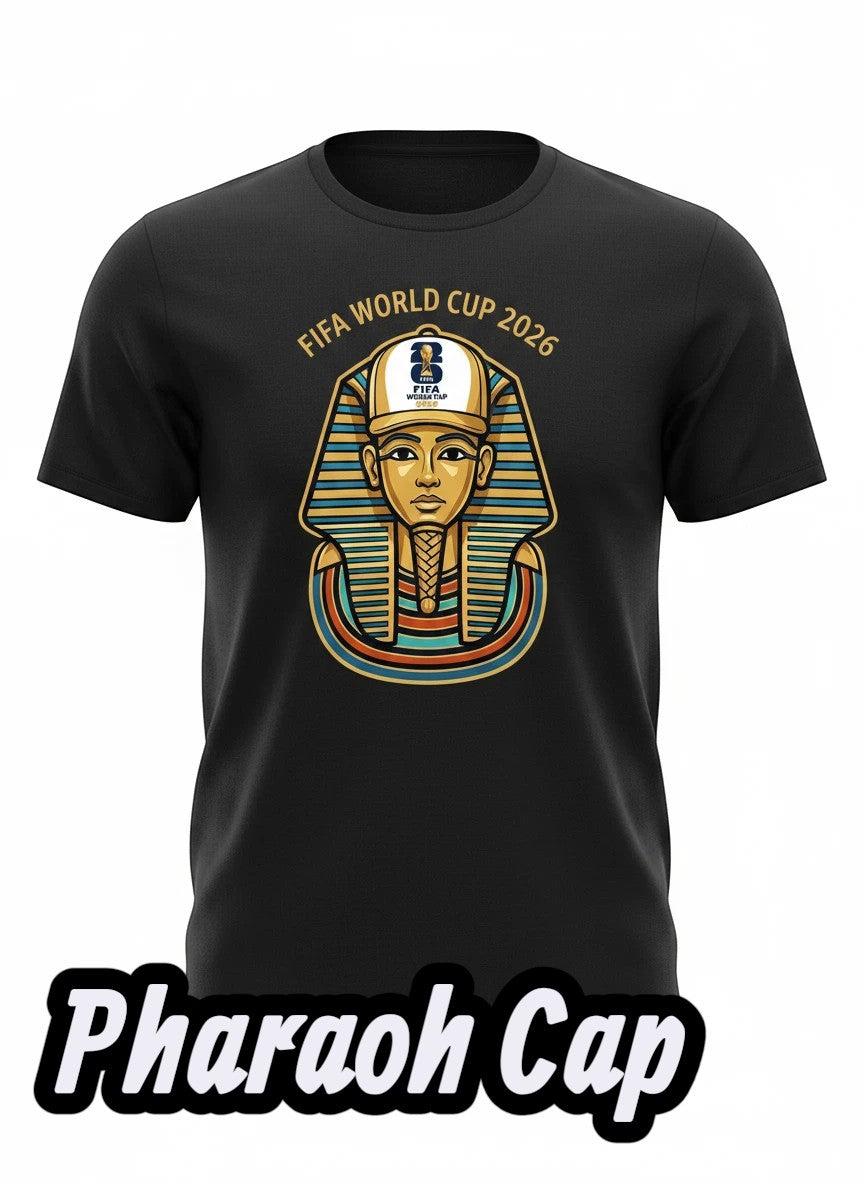 Coptic Mary Shop black cotton t-shirt with FIFA World Cup 2026 graphic featuring a pharaoh and Egyptian motifs.
