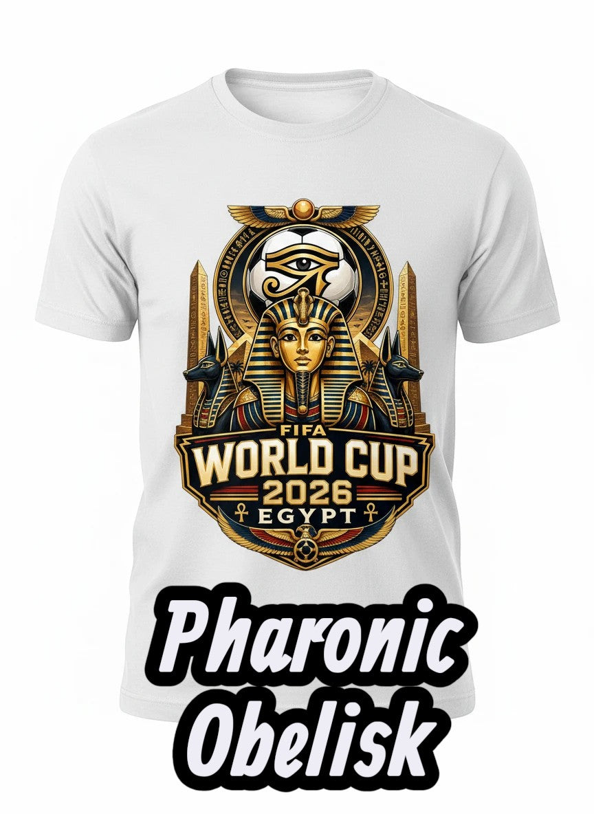 Coptic Mary Shop white cotton t-shirt with FIFA World Cup 2026 Egypt graphic featuring pharaoh, ankh, Eye of Horus, and football.