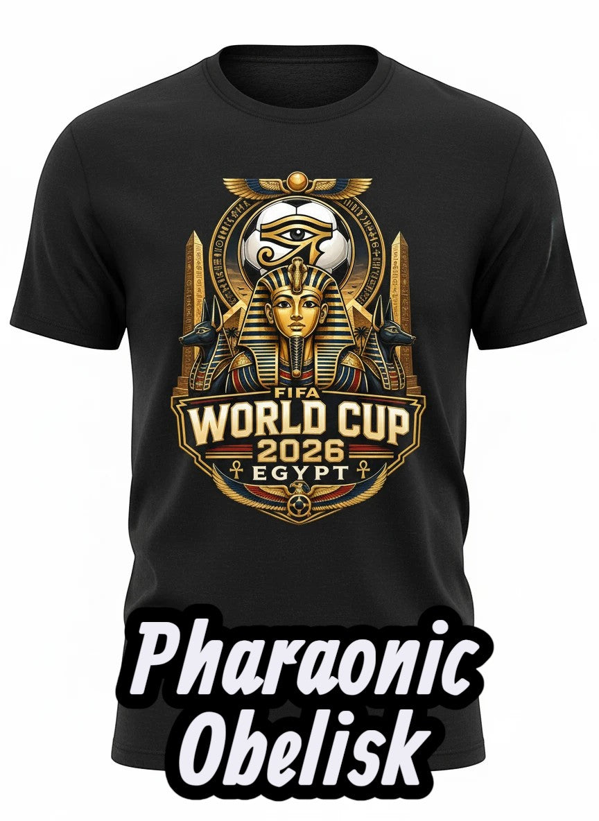 Coptic Mary Shop black cotton t-shirt with FIFA World Cup 2026 Egypt graphic featuring a pharaoh, Eye of Horus, and ankh.