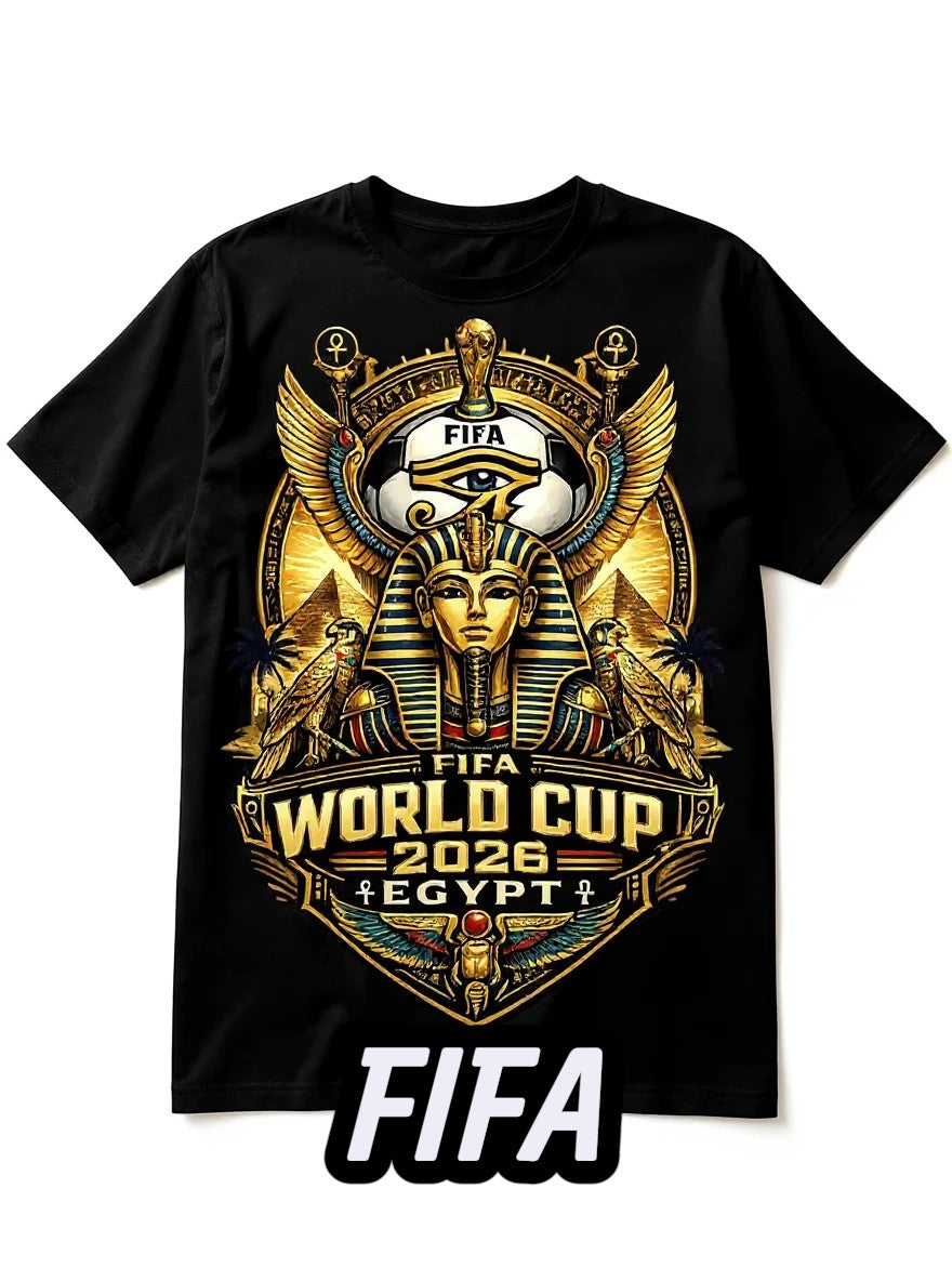 Coptic Mary Shop black cotton t-shirt with FIFA World Cup 2026 Egypt graphic featuring pharaoh, pyramids, and Eye of Horus.