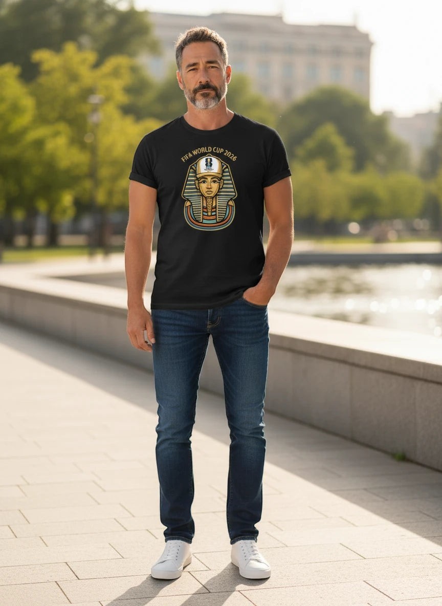 Coptic Mary Shop black cotton t-shirt with FIFA World Cup 2026 Egypt graphic featuring a pharaoh wearing a baseball cap.
