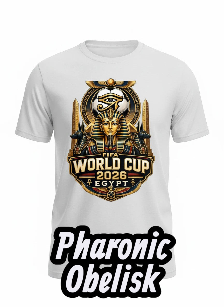 Coptic Mary Shop white cotton t-shirt with FIFA World Cup 2026 Egypt graphic featuring pharaoh, Eye of Horus, and hieroglyphs.