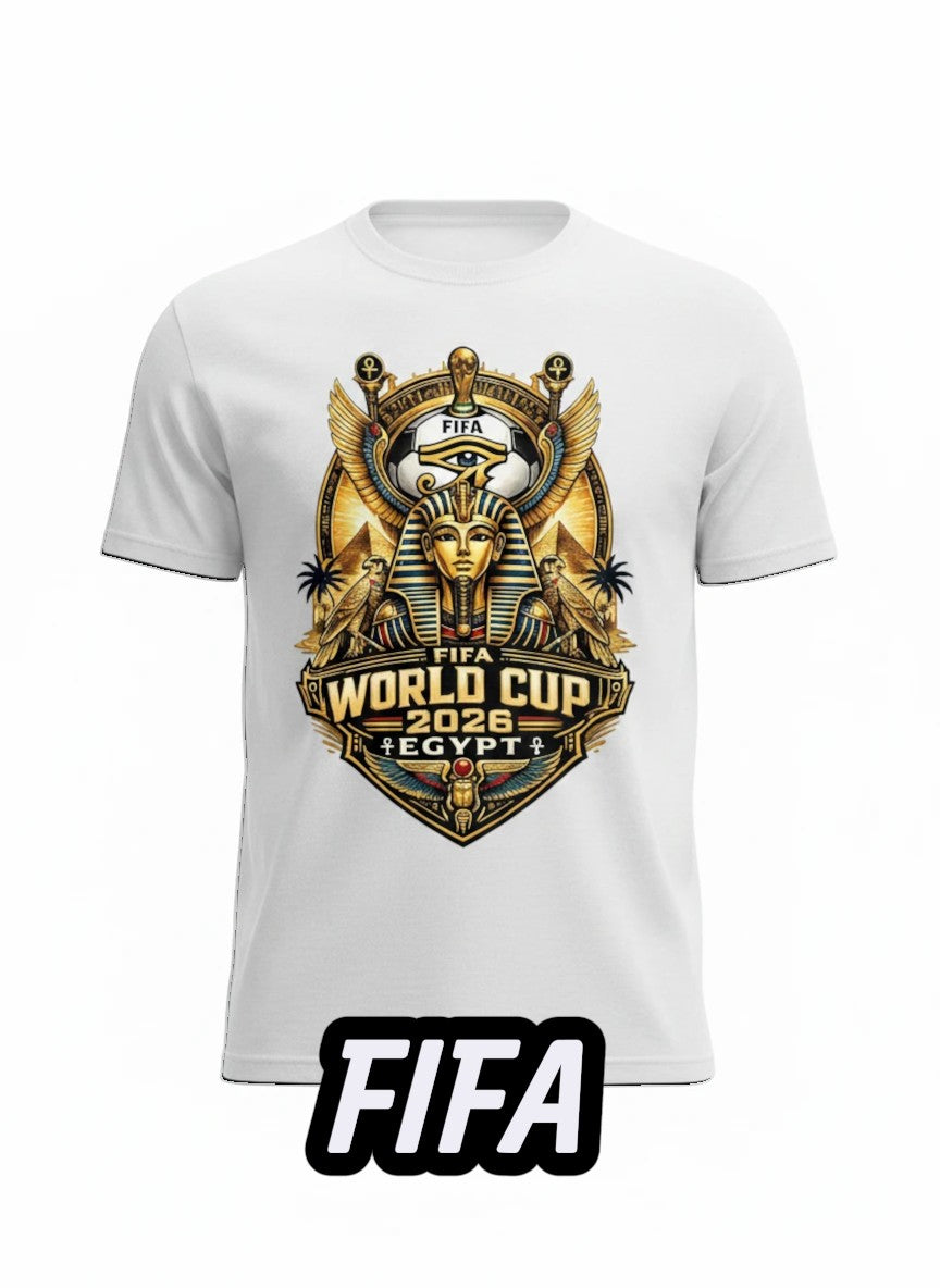 Coptic Mary Shop white cotton t-shirt with FIFA World Cup 2026 Egypt graphic featuring a pharaoh, ankh, and eye of Horus.
