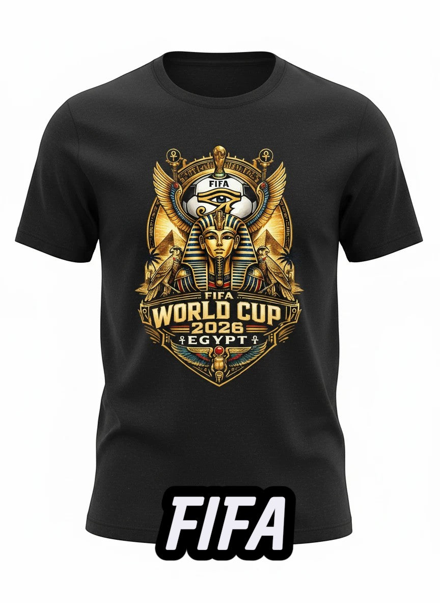Coptic Mary Shop black cotton t-shirt with FIFA World Cup 2026 Egypt graphic featuring pharaoh, Eye of Horus, and pyramids.