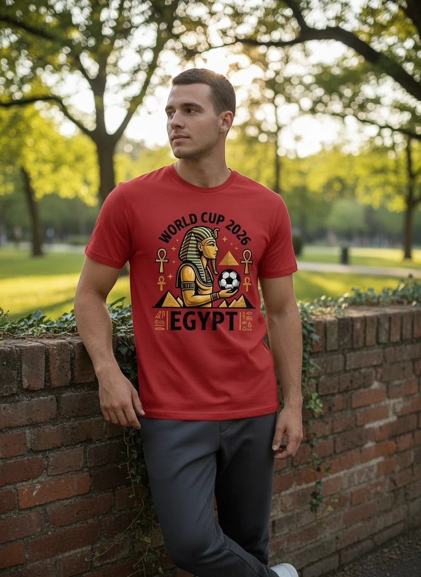 Coptic Mary Shop red cotton t-shirt with Egypt 2026 World Cup graphic featuring pharaoh, pyramids, and football.