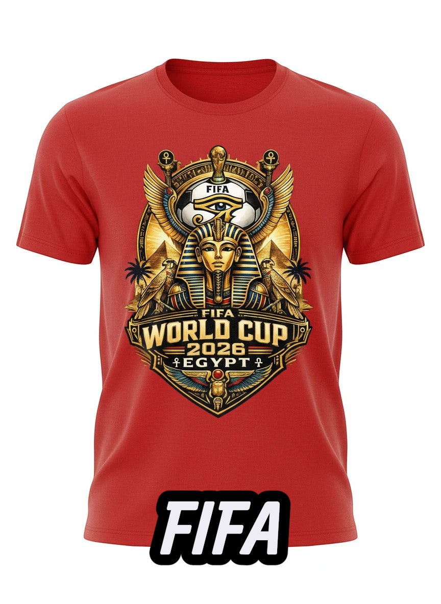 Coptic Mary Shop red cotton t-shirt with Egypt 2026 World Cup graphic featuring pharaoh, eye of Horus, and ankh.