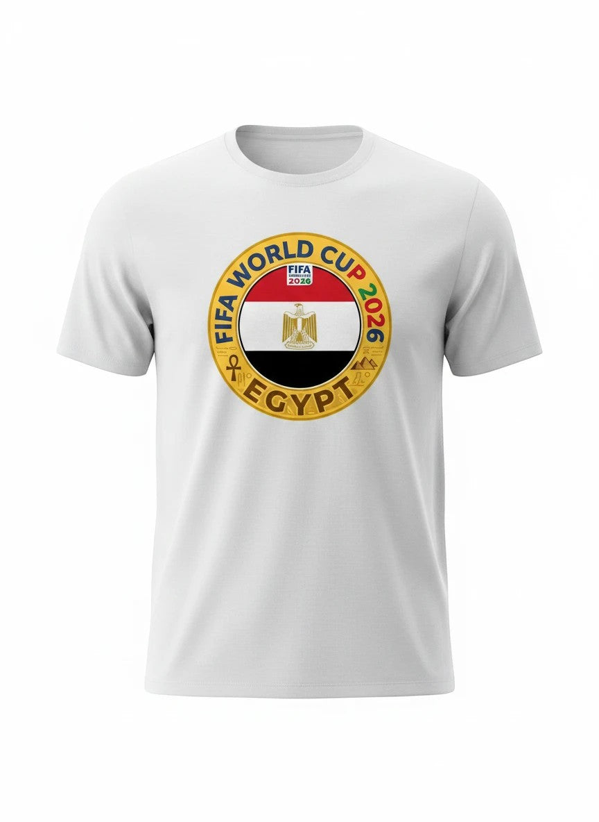 White cotton t-shirt with a circular FIFA World Cup 2026 Egypt graphic featuring the Egyptian flag and eagle.