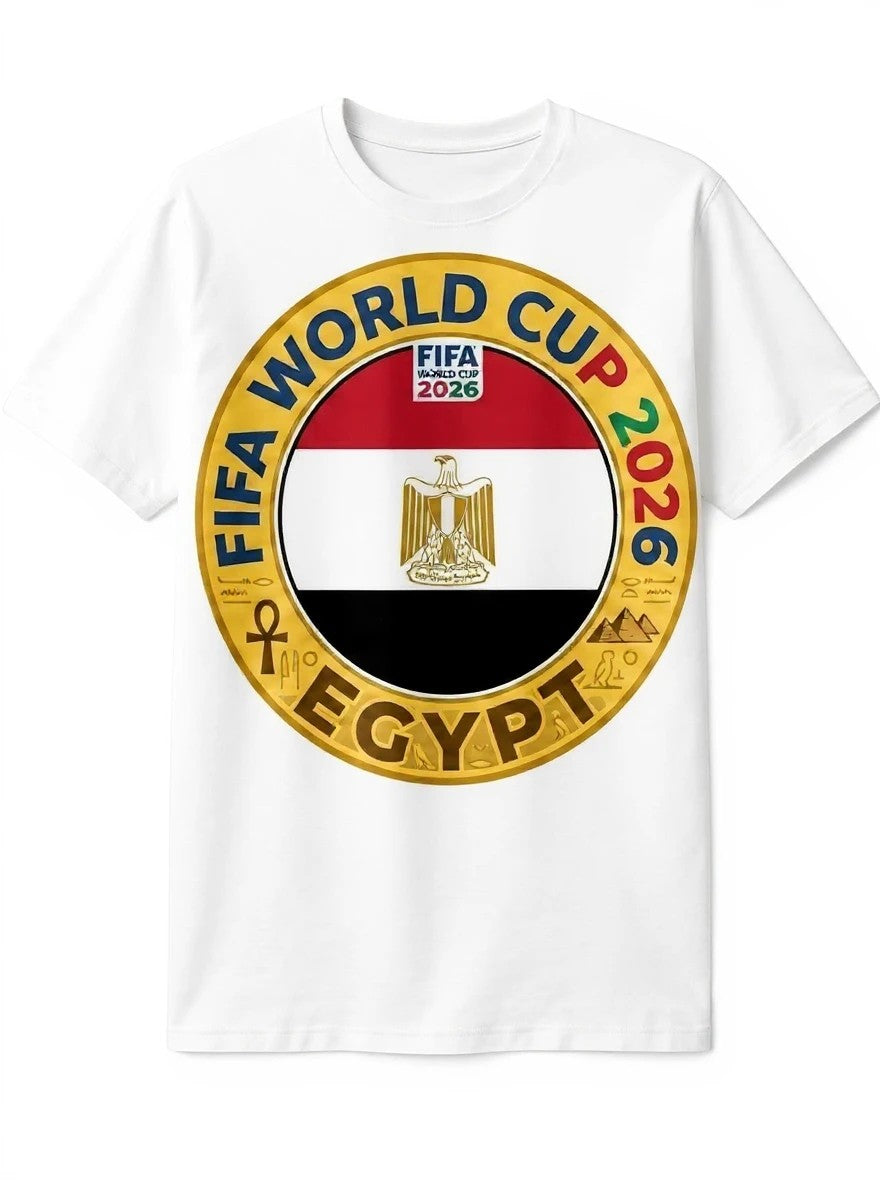 White cotton t-shirt with Egypt FIFA World Cup 2026 graphic. Features Egyptian flag and eagle emblem.