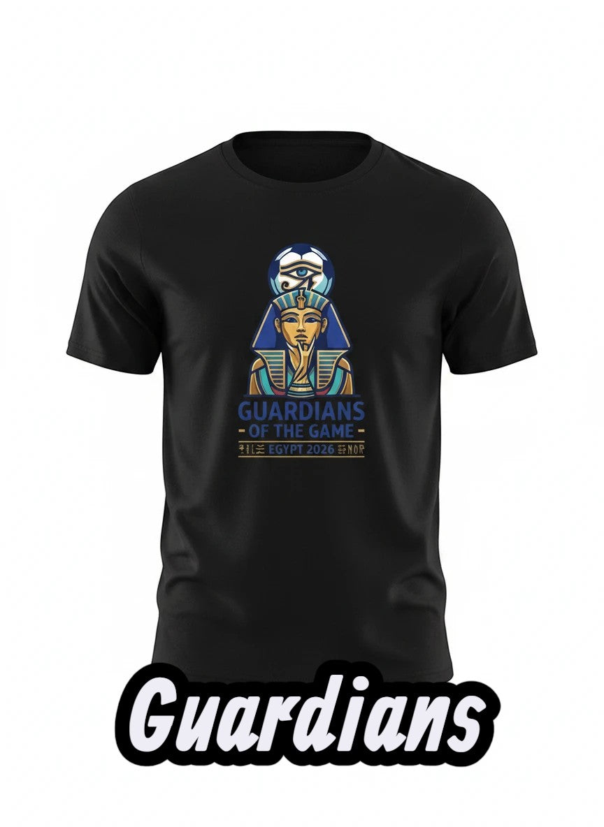 Coptic Mary Shop black cotton t-shirt with Egypt 2026 World Cup graphic featuring a pharaoh, Eye of Horus, and football.