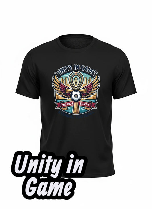 Coptic Mary Shop black cotton t-shirt with Egypt 2026 World Cup graphic featuring an ankh, wings, and football.