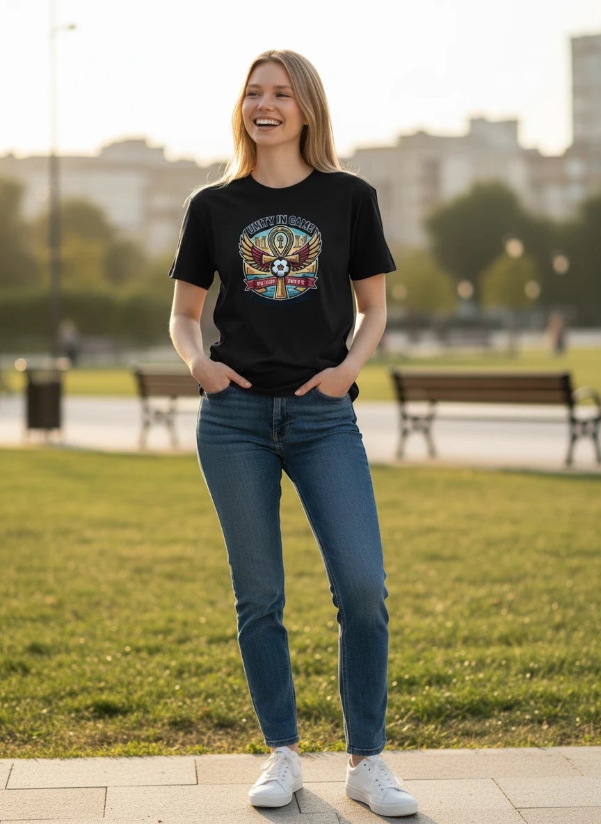 Coptic Mary Shop black cotton t-shirt with Egypt 2026 World Cup graphic featuring ankh, wings, and soccer ball.
