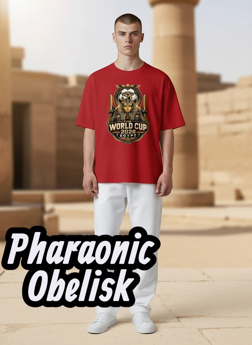Coptic Mary Shop red cotton t-shirt with Egypt 2026 World Cup graphic featuring pharaoh and Egyptian symbols.